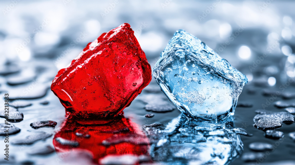 Poster two ice cubes, one red and one blue, rest on reflective surface with water droplets, creating striki