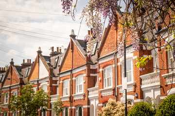 Street of attractive London terraced houses in Fulham area of south west London