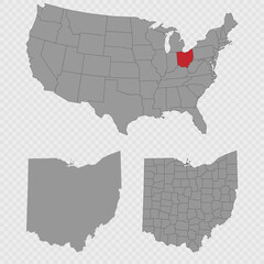 Ohio map set with USA location, clean outline, and full county breakdown.