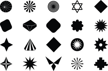 Set of brutalist abstract geometric shapes, Figures, stars, spiral flower and circle isolated on transparent background
