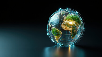 Digital globe with illuminated continents and green foliage represents global sustainability and technological innovation. dark background highlights glowing elements, symbolizing futuristic