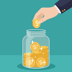 illustration of a saving money a hand placing coins into a glass jar. financial security and growth