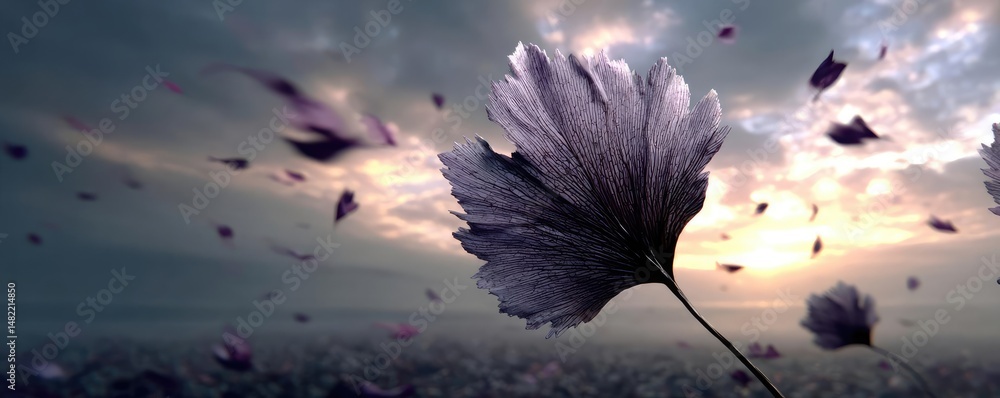 Poster blowing in the wind with strong leaf in cloudy sky concept. a serene landscape featuring a delicate 