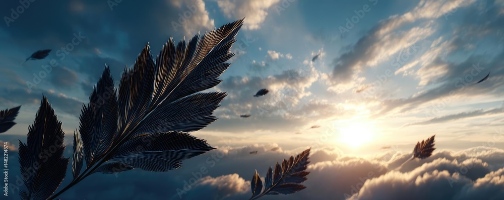 Poster blowing in the wind with strong leaf in cloudy sky concept. a serene view of clouds with leaves agai