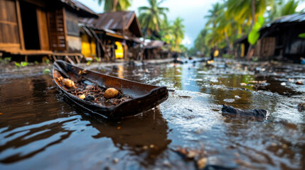 Obraz premium Small wooden boat floats in flooded village street, surrounded by palm trees and traditional wooden houses, illustrating impact of natural disasters and need for climate resilience