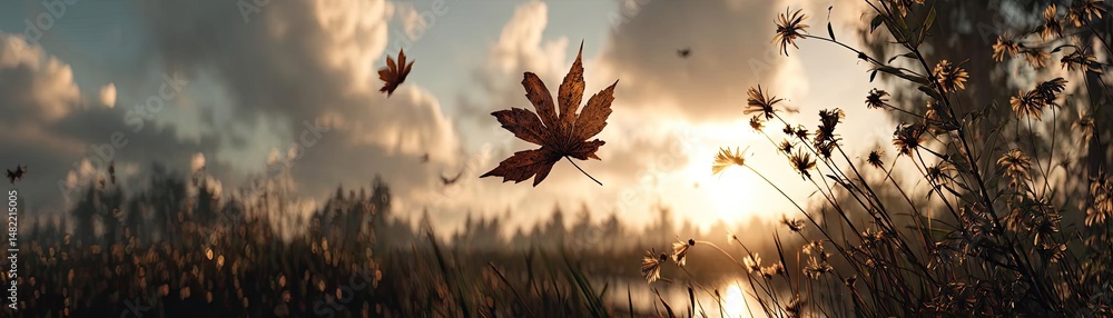 Poster blowing in the wind with strong leaf in cloudy sky concept. a serene sunset over a field with floati