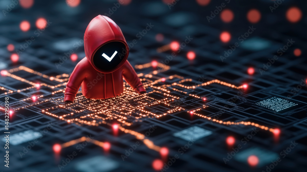 Poster mysterious figure in red hoodie stands over digital network, symbolizing cybersecurity threats and d