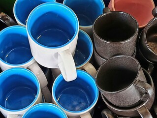 Stack of various Ceramic Mugs.