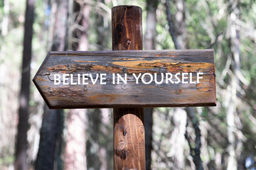 A rustic wooden signpost stands in a lush green forest, featuring the inspiring message believe in yourself. Sunlight filters through the trees, creating a serene atmosphere