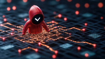 Mysterious figure in red hoodie stands over digital network, symbolizing cybersecurity threats and data breaches. dark background highlights glowing circuit lines