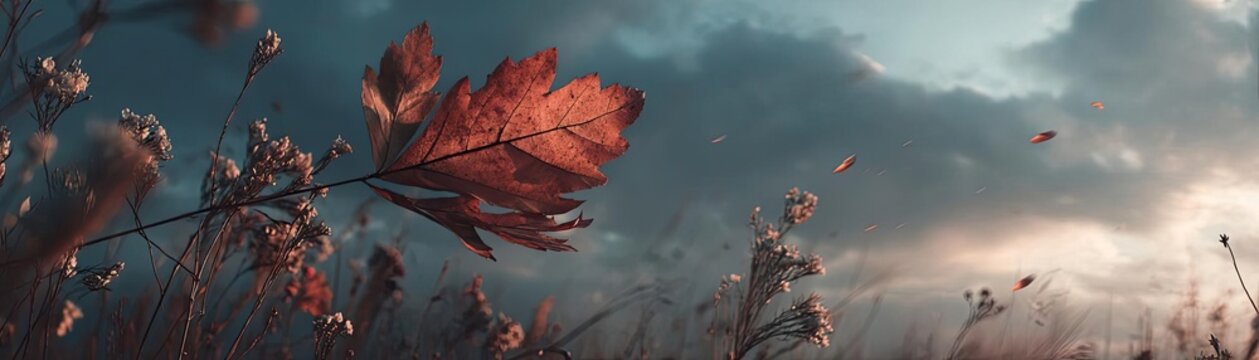 Blowing in the wind with strong leaf in cloudy sky concept. Beautiful autumn leaves showcasing vibrant colors at sunset.
