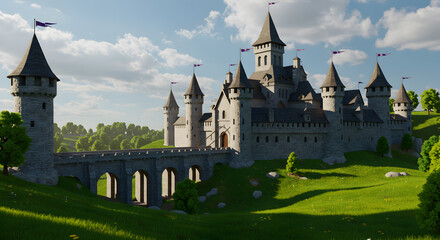 Large stone castle with towers flags and bridge on a green hill under a blue sky