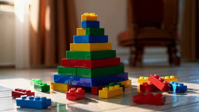 Colorful toy building blocks stacked into pyramid structure on wooden floor, playful childhood animation symbolizing creativity, learning and early developmental imagination