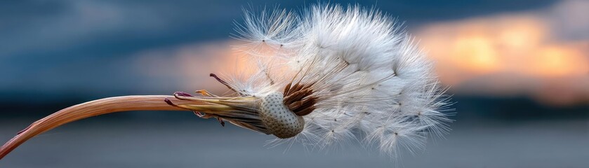 Blowing in the wind with torn leaves across cloudy sky concept. A detailed close-up of a dandelion seed head against a sunset.