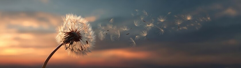 Blowing in the wind with torn leaves across cloudy sky concept. A dandelion puff releasing seeds into the gentle evening breeze.