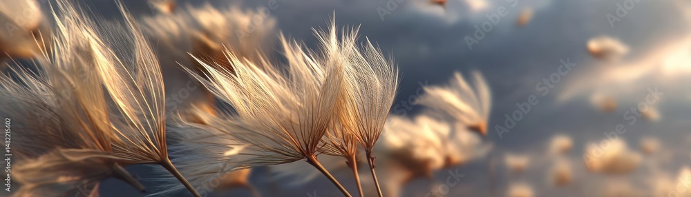 Poster blowing in the wind with torn leaves across cloudy sky concept. soft grass swaying gently in the win