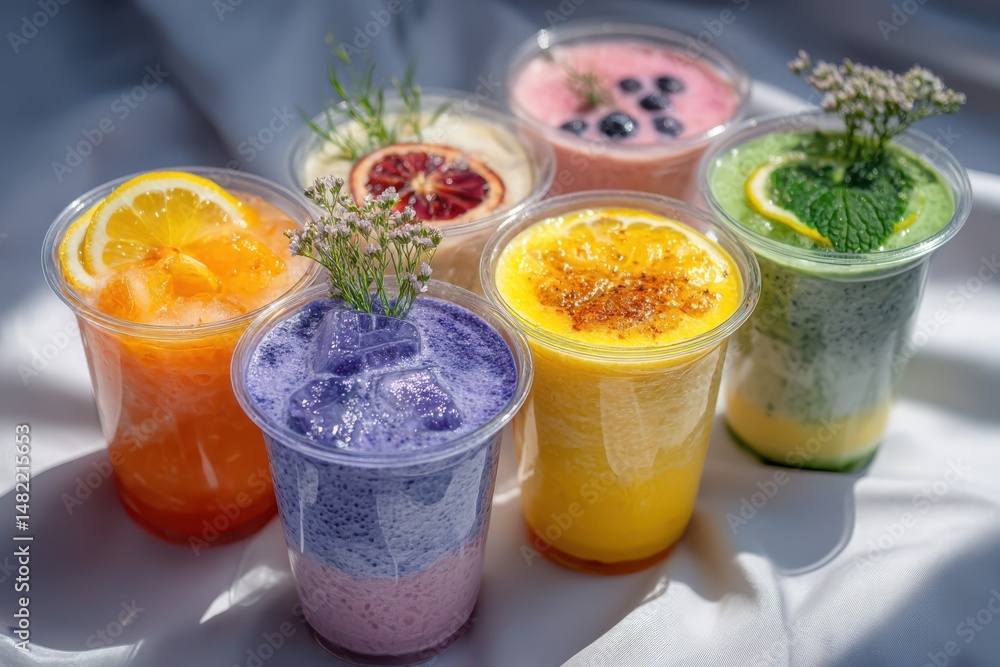 Poster a visually appealing image showcasing a variety of colorful and refreshing smoothies on a dining tab