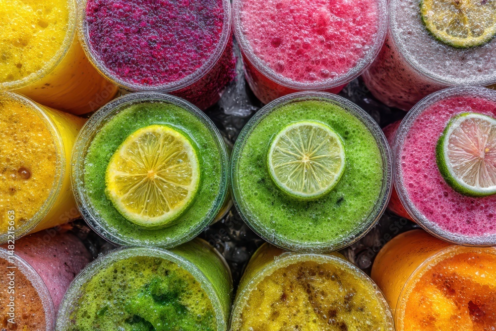 Poster a vibrant assortment of colorful and refreshing smoothies arranged in glass jars with assorted fruit