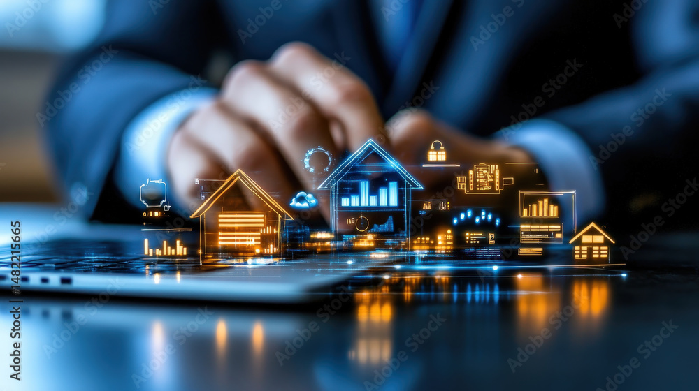 Aufkleber Person in suit interacts with digital interface displaying glowing icons of houses, graphs, and security symbols, representing real estate and technology integration
