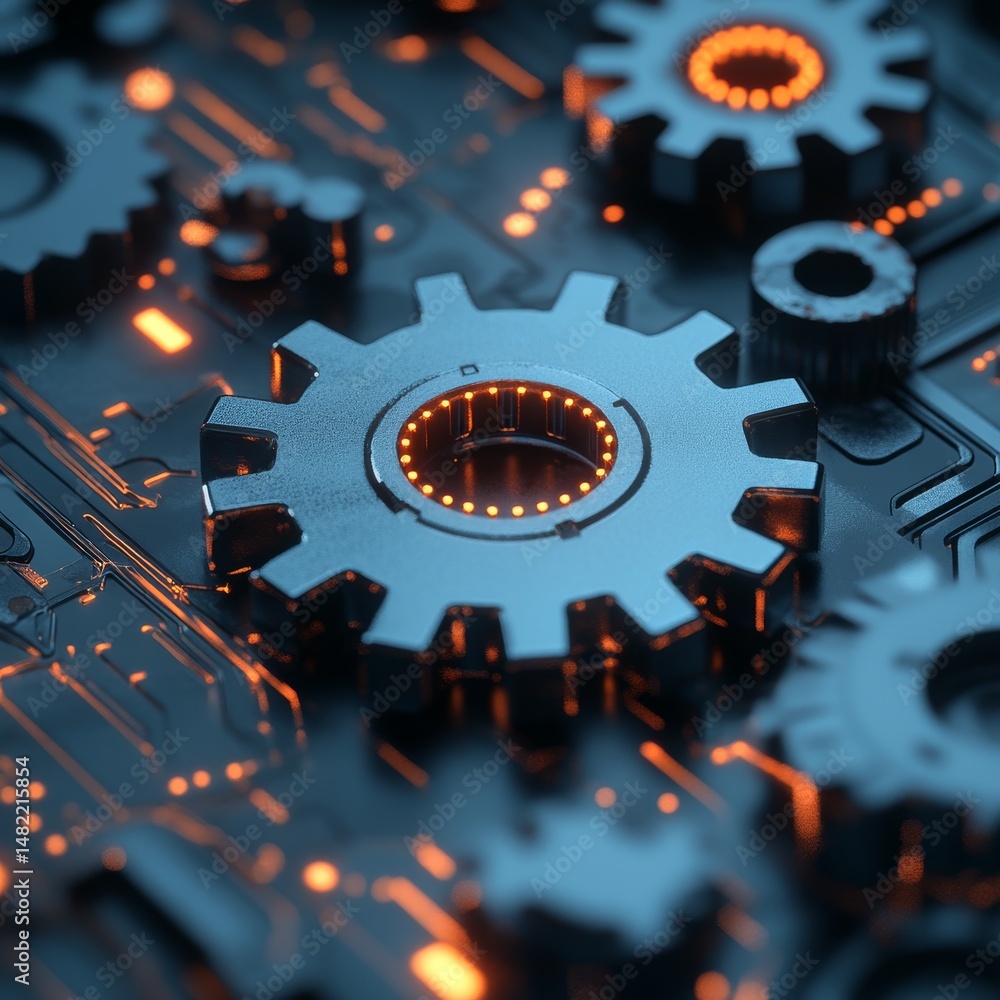 Poster the image depicts a close-up of complex mechanical gears and illuminated parts
