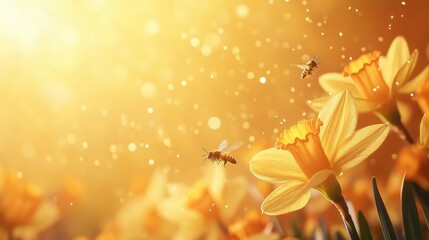 Bright Daffodils and Bees in Sunlight with Sparkling Background