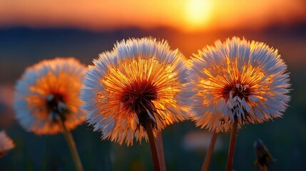 Obraz premium Blowing in the wind with torn leaves across cloudy sky concept. Dandelion flowers glowing in warm sunset light.