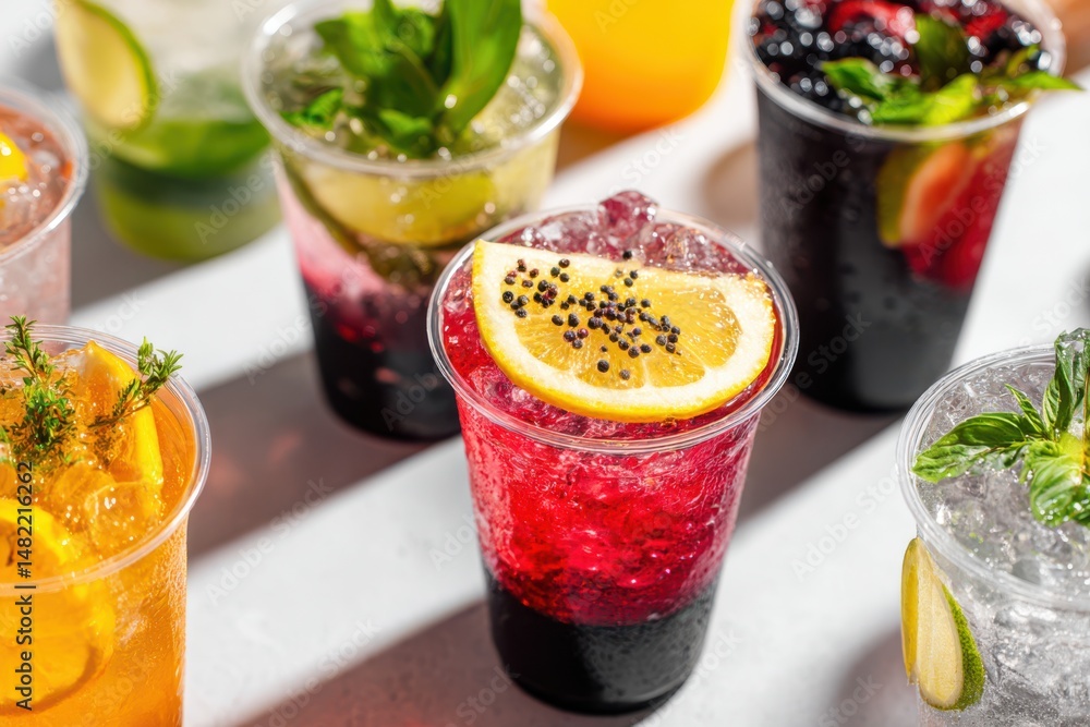 Poster a vibrant assortment of colorful and refreshing smoothies displayed on a wooden dining table with a 
