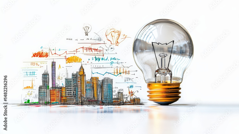 Aufkleber light bulb symbolizes innovation and creativity, set against backdrop of sketched cityscape with col