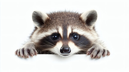 Fototapeta premium cut out, horizontal, looking at camera, pets, photography, protection, colour image, pest, raccoon, animal, cute, eating, full length, side view, white background, animal wildlife