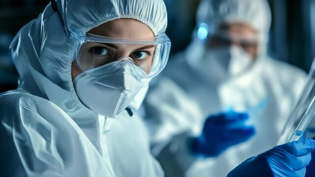 Close-up of scientists wearing full protective gear, including masks and gloves, working attentively in a high-security laboratory.