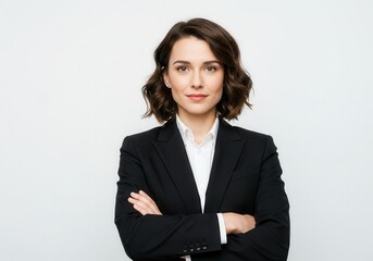 Confident businesswoman in a black suit stands with her arms crossed on white background