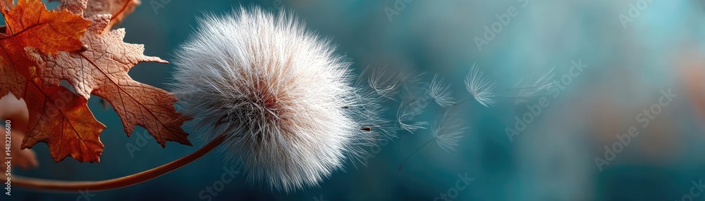 Poster blowing in the wind with torn leaves across cloudy sky concept. a delicate dandelion puff with autum