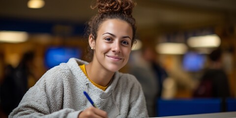 Fototapeta premium Student checking enrollment status online in academic setting