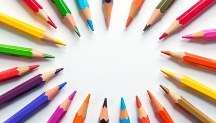 Vibrant rainbow colored pencils scattered on a white background , writing, bright colors