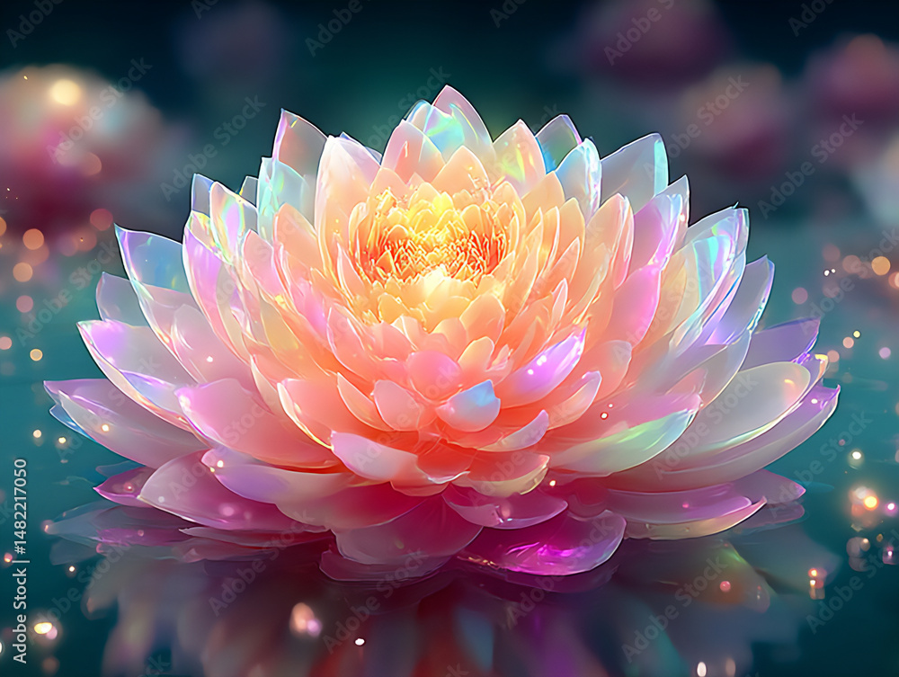 Poster vibrant and multi-layered 3d rendering close-up of a single petal with an opal-like iridescence, shi