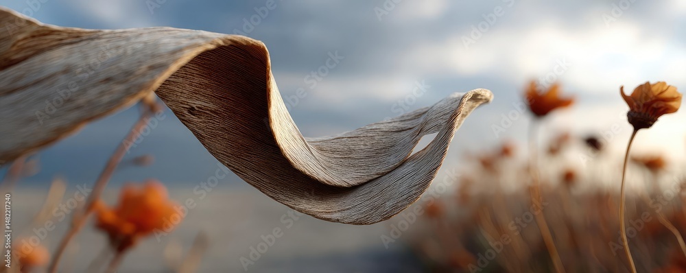 Poster blowing in the wind with strong leaf in cloudy sky concept. a close-up of a dried leaf waving in the