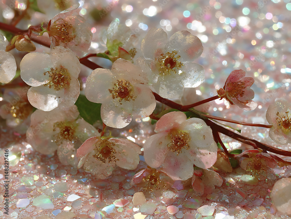 Poster vibrant and multi-layered 3d rendering illustration of a cluster of small, abstract flowers with met
