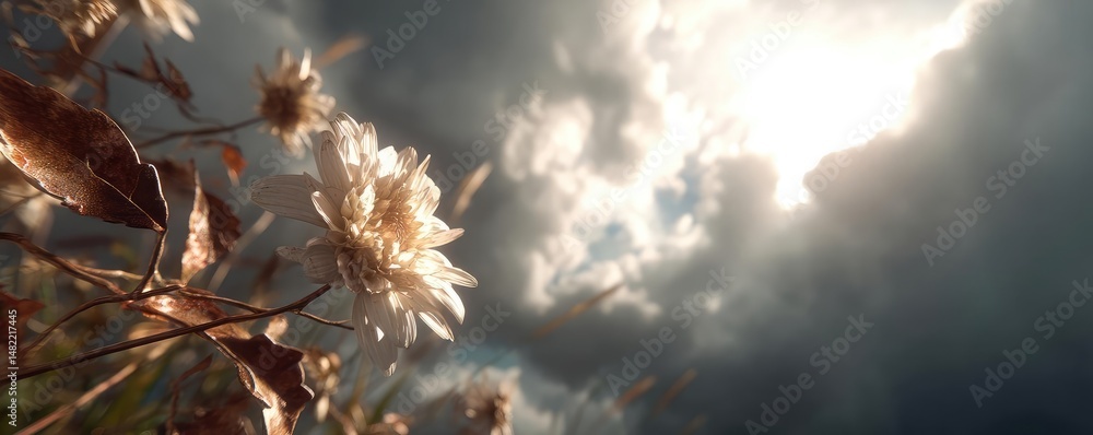 Aufkleber blowing in the wind with strong leaf in cloudy sky concept. a serene view of flowers under a cloudy 
