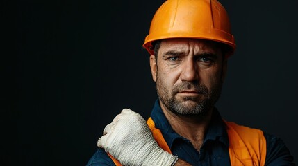 Determined worker with bandaged arm overcoming challenges in industry setting portrait grit and resilience