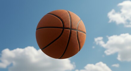 Basketball Floating Against a Blue Sky with Clouds
