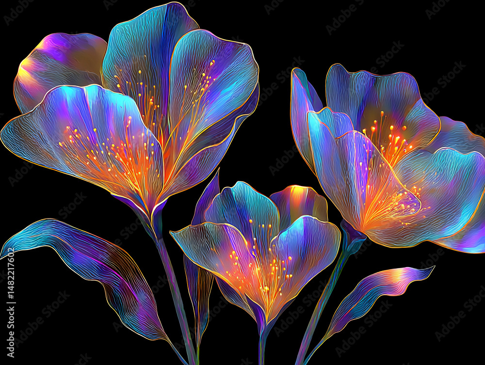 Poster vibrant and multi-layered 3d rendering illustration of an abstract bouquet of flowers in various sha