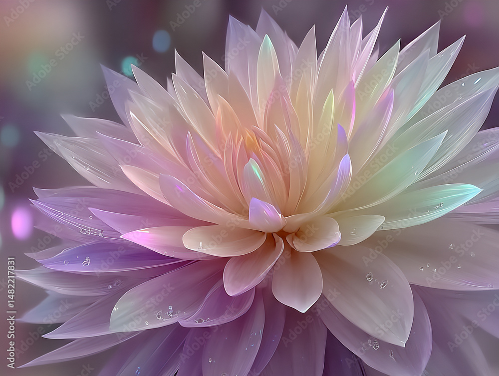 Poster vibrant and multi-layered 3d rendering illustration of a single, large abstract bloom with intricate