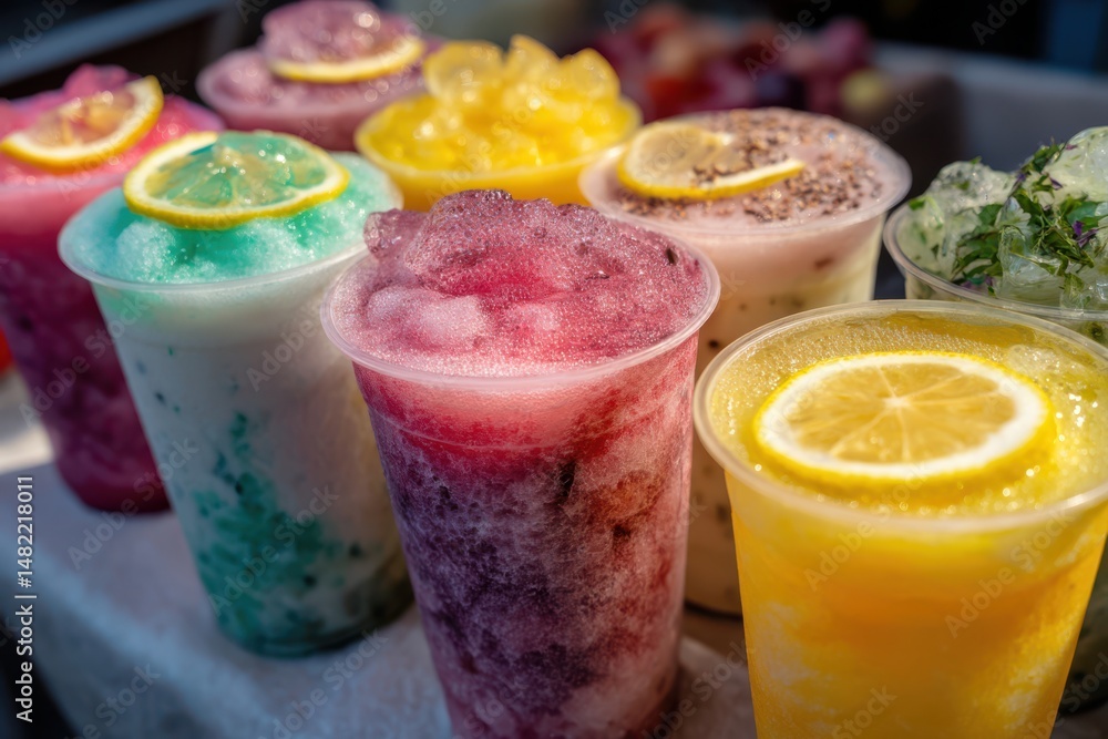 Poster a collection of vibrant and diverse smoothies in assorted cups, showcasing a range of fruity colors 