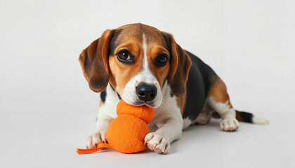 Adorable beagle dog playing with an orange ball on white background  