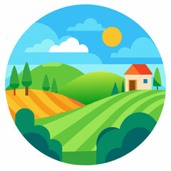 Obraz premium Beautiful countryside landscape with fields, dawn, green hills, farm, houses, trees, bright color blue sky vector on white background.