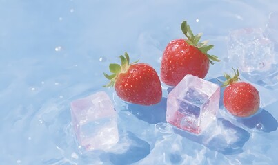 a vector line illustration poster, strawberries in bubbles and ice cubes on a water background, Generative AI