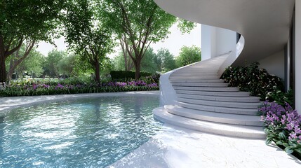 Modern Poolside Staircase in Lush Garden