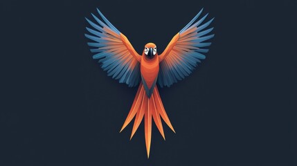 Obraz premium Vibrant macaw soars with outstretched wings against a dark background showcasing its colorful plumage