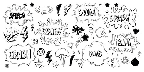 Set of comics bombs and explosions. Speech bubbles with words splash, bam, crack, pow, boom, crash and bang. Design elements for print. Cartoon flat vector collection isolated on white background for 