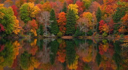 Fototapeta premium Reflective autumn landscape with colorful trees mirrored on a serene lake surface